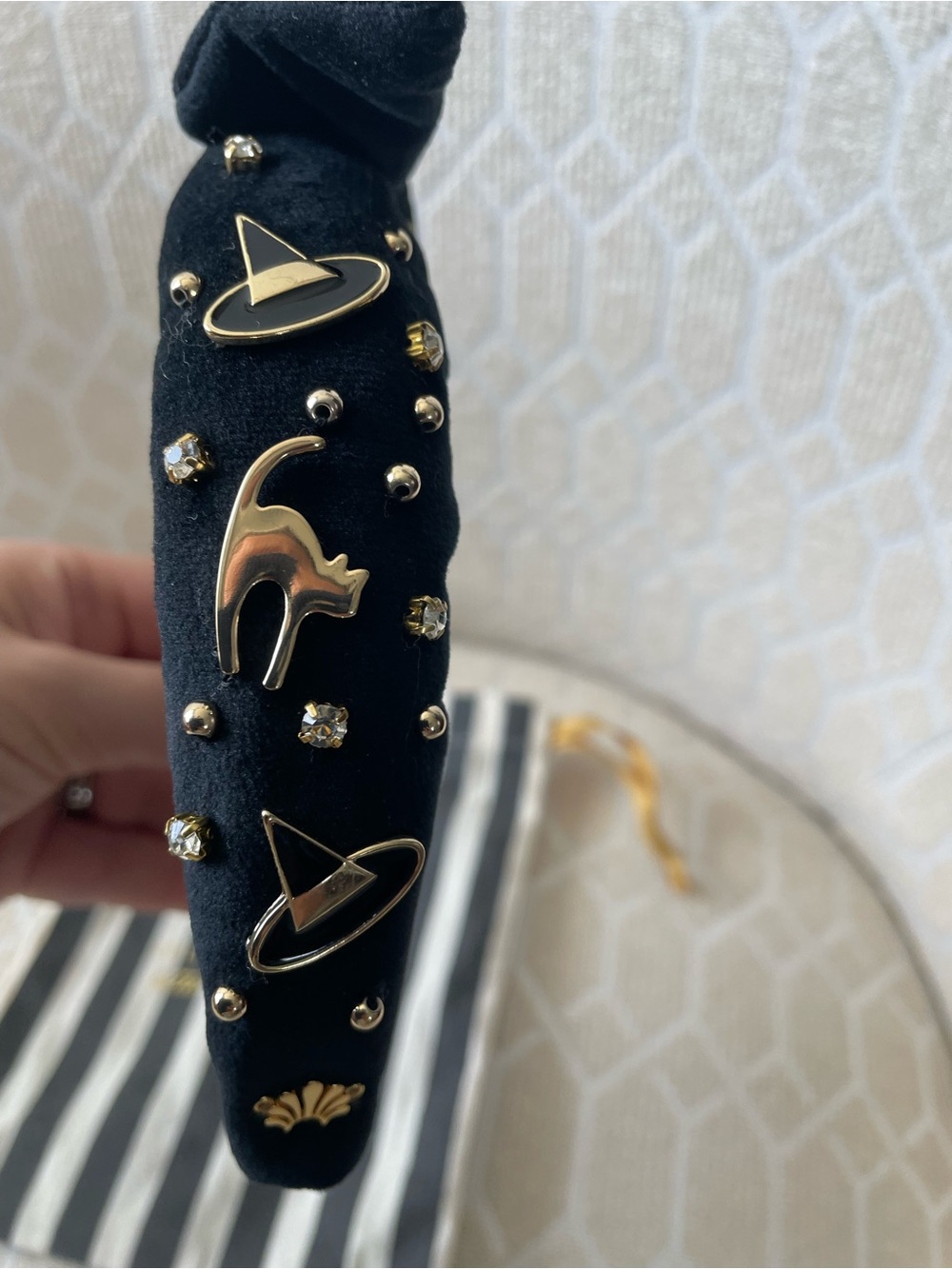 Lele Sadoughi Kids Black Padded Headband with Gold Cat & Witch Hat Accents